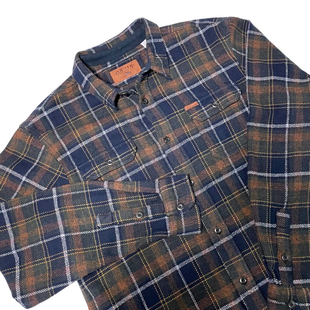 Orvis Mens Large Flannel Shirt Navy Brown Green Plaid Cotton Twill